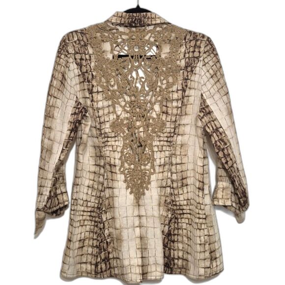 Alberto Makali Blazer Jacket 10 Brown 100% Linen Lace Pattern Notched Lapel - Picture 9 of 9